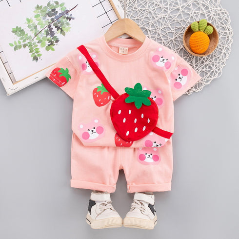 Round neck floral strawberry strap two piece short sleeve suit